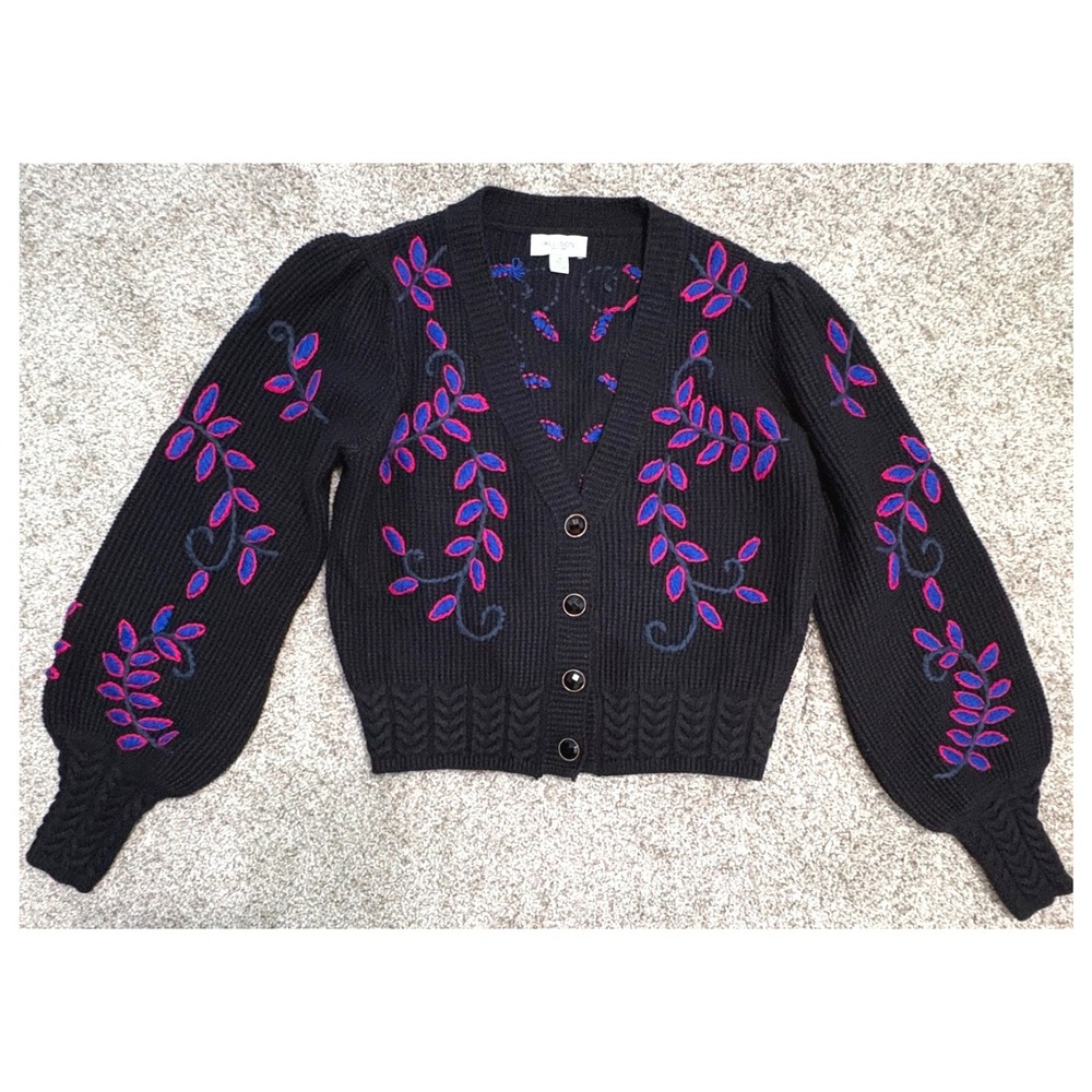 Allison New York Cardigan Women Small Black Floral Embroidered Piper Crop Puff